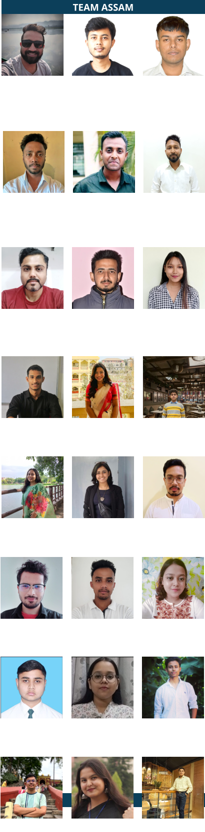 Vikash Prasad Project Lead - Guwahati, Assam Shivasish Kalindi District Coordinator - Shivsagar & Charaideo, Assam Mukibotdin Ahmad Team Lead - Shivsagar, Assam  TEAM ASSAM Shahid Afridi Media Handler & Coordinator - Assam Ranjeet Gupta Secretary - Assam Bhabatirtha Goswami Team Lead & Coordinator- Guwahati, Assam  Sarif Kamal Team Lead - Charaideo, Assam Sommi Roy Project Lead - Shivsagar, Assam Parineeta Gogoi Project Head - Charaideo, Assam  Ankita S. Bordoloi Member Shrestha Goswami Member Probal Borah Member  Plabita Mahanta Member Leon Mahanta Member Samiran Chakraborty Member  Partha Hazarika Member Kuber Raj Bordoloi Member Autreyyee Baruah Member  TEAM BIHAR Ambalika Bharadwaj Member Allan Kashyap Member Ditiraj Basistha Member  Jyotishka Sarma Member Dravir Tamuli Member Jyotishman Kakoti Member